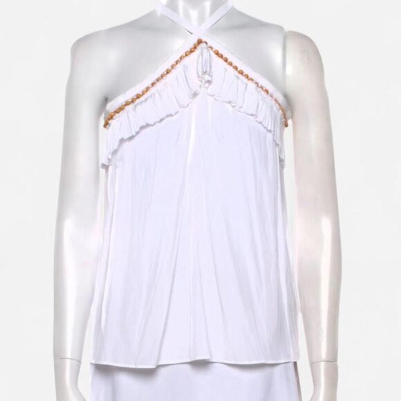 Ramy Brook White Silky Beaded Ruffle Halter Top – Glam Resort Style (Size Small) - Picture 2 of 7